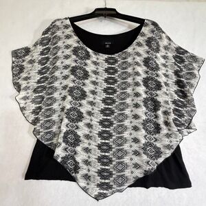 ALYX‎ Womens 1X Black Layered Poncho Top Geometric Print Girls Night Out